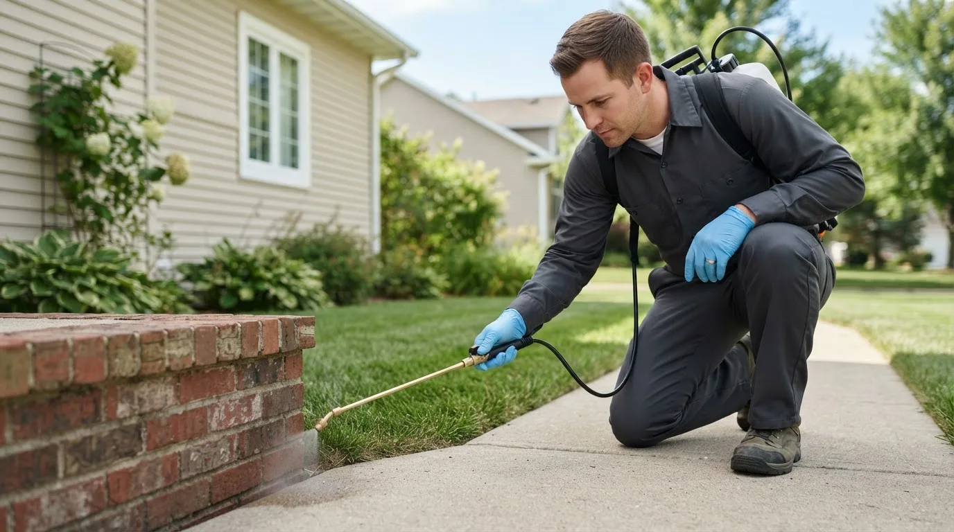 Pest control technician treating a home near Pettus, TX