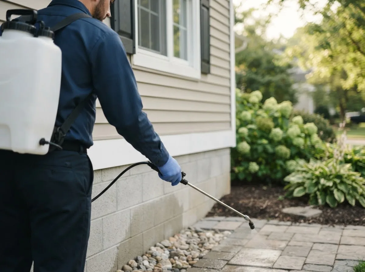 Pest control technician inspecting a home in Pettus, TX